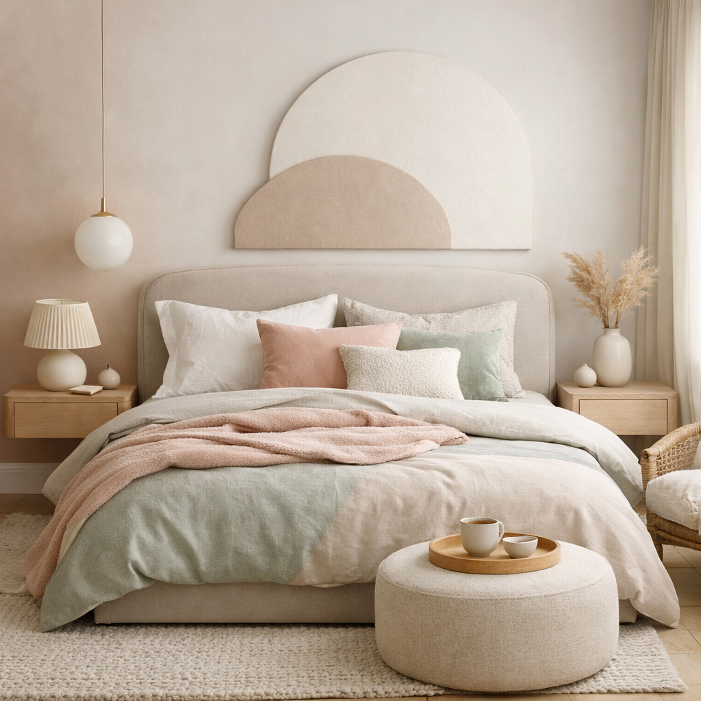 A cozy bedroom featuring soft pastel colors, comfortable bedding, and warm lighting.