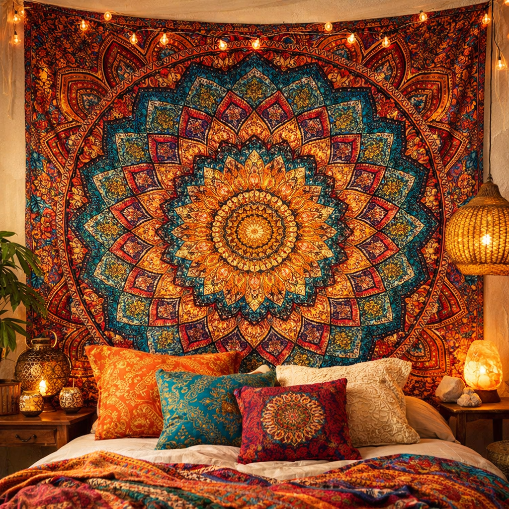 A colorful tapestry with a mandala pattern hangs on the wall of a cozy bedroom, surrounded by decorative pillows and warm lighting.