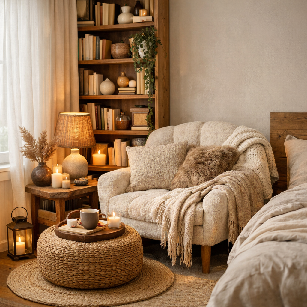 Cozy reading nook with a comfortable armchair, candles, and a bookshelf