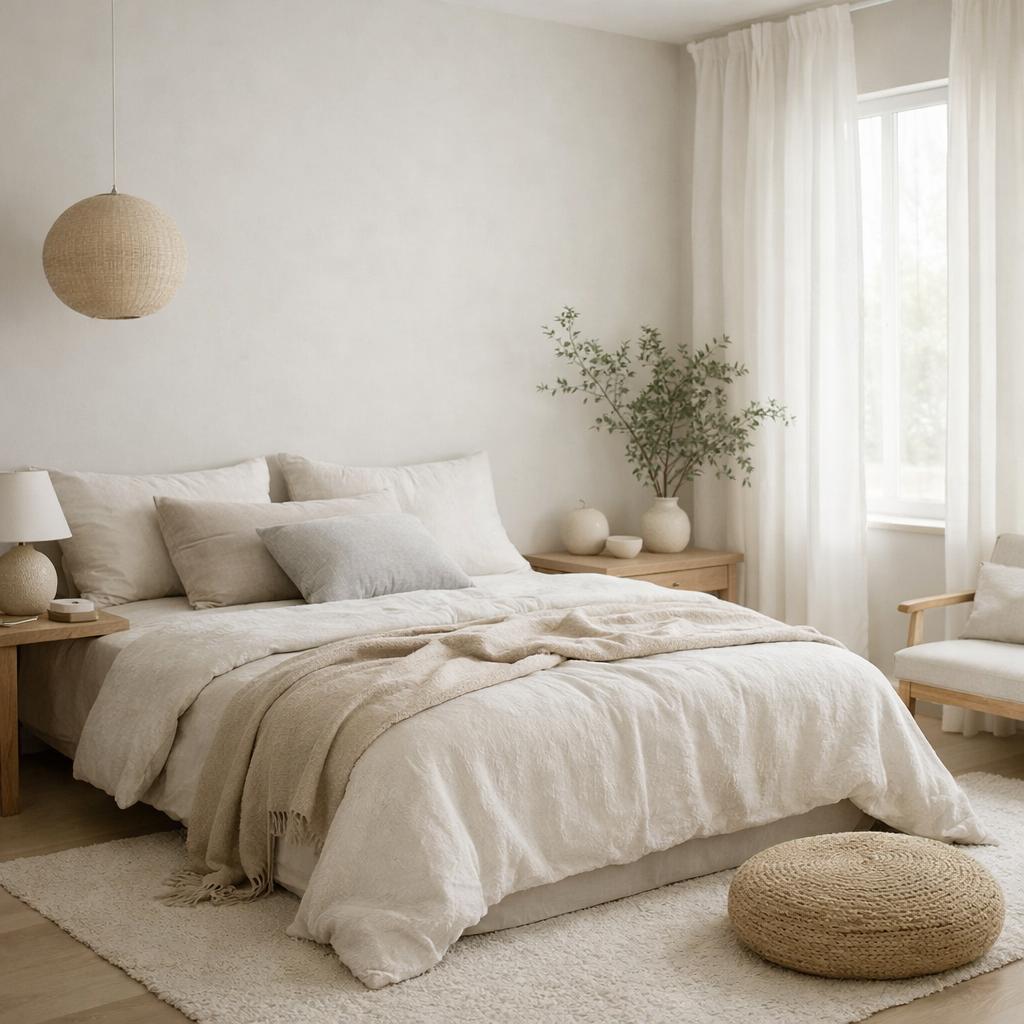 A calming bedroom setup with soft bedding, neutral colors, and natural light.