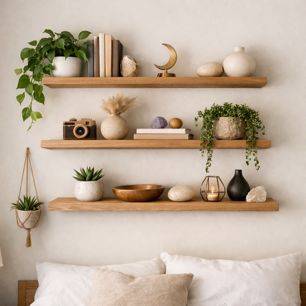 Decorative floating shelves with plants, books, and various accessories in a stylish bedroom setting