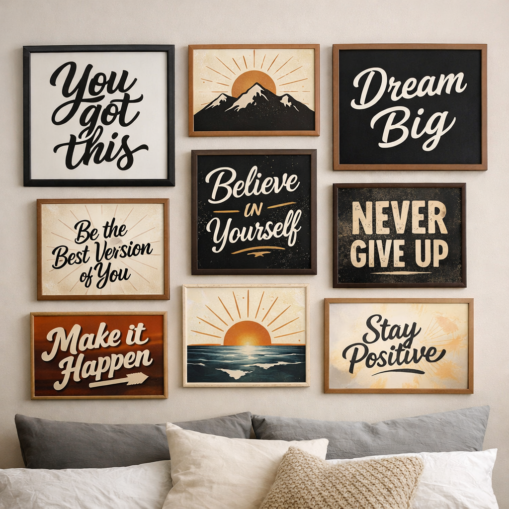 Wall decor featuring framed motivational quotes and typography.