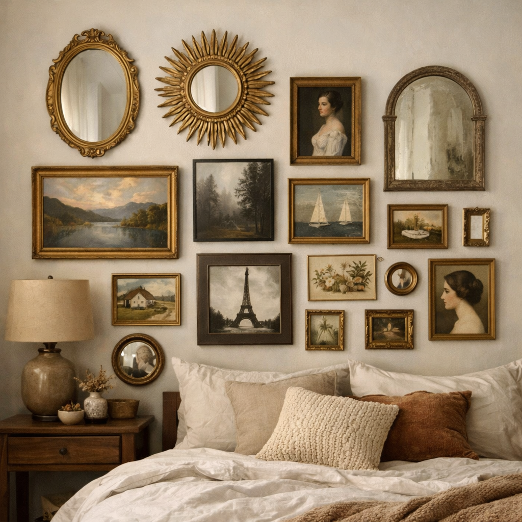A gallery wall featuring an assortment of framed pictures and mirrors in a cozy bedroom.