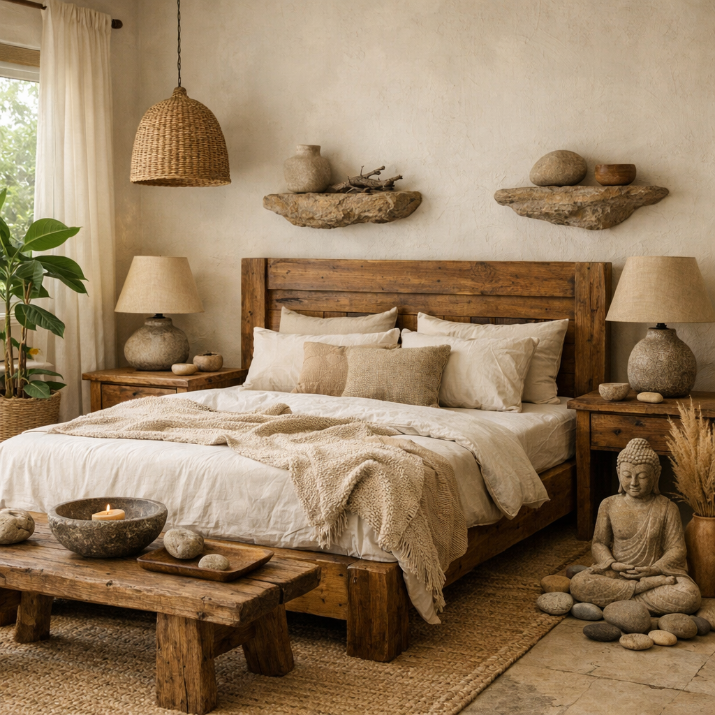 A cozy bedroom featuring natural wood furniture, earthy decor, and plants.
