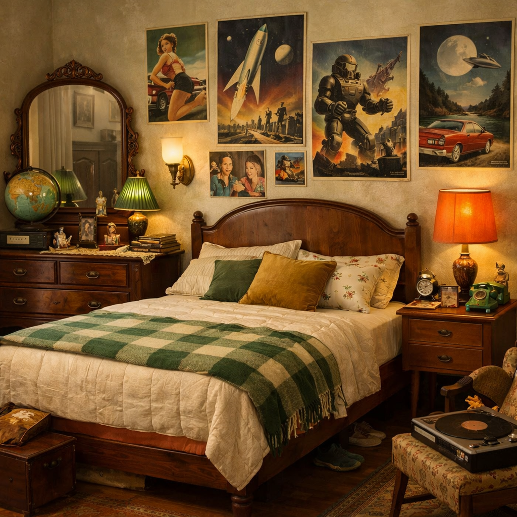 A cozy vintage-styled bedroom with a wooden bed, plaid blanket, and retro decor.