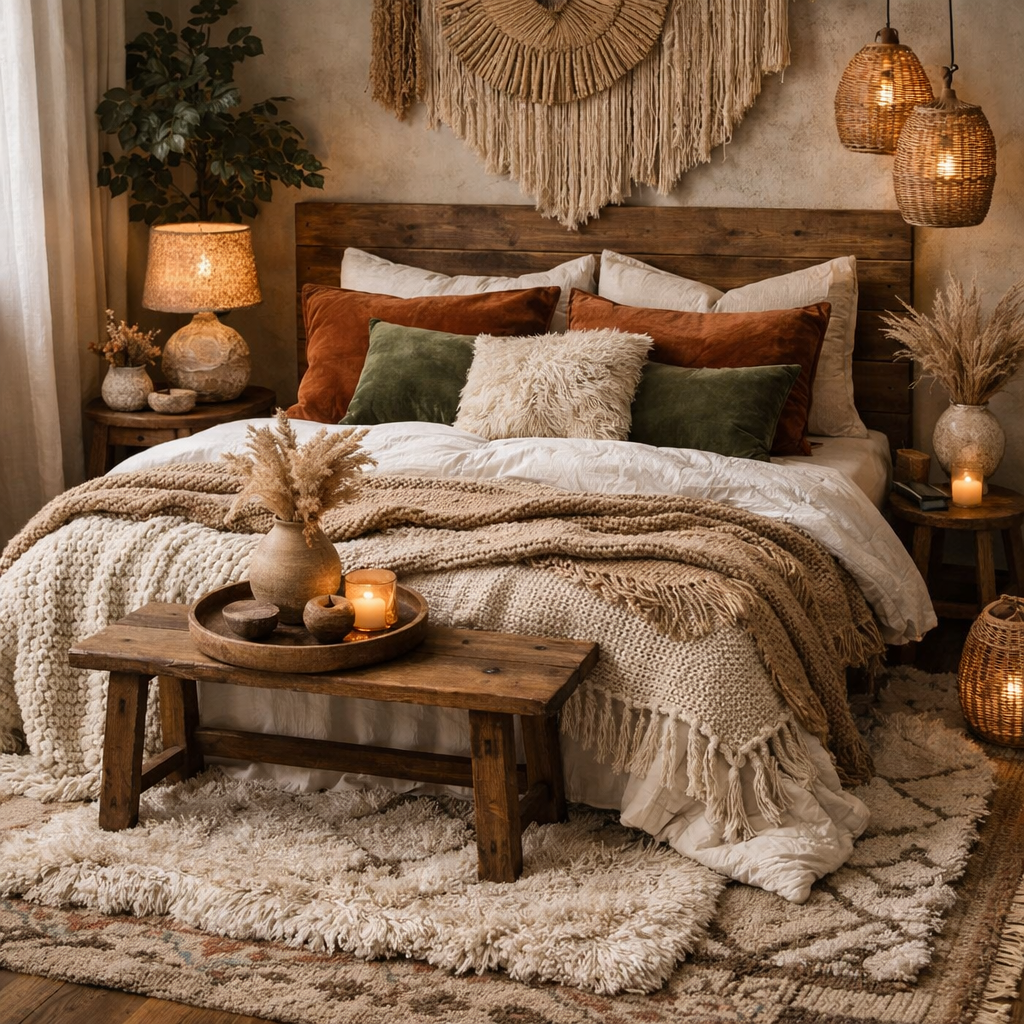 Cozy bedroom with layered textures, featuring a bed, warm pillows, and hanging lights.