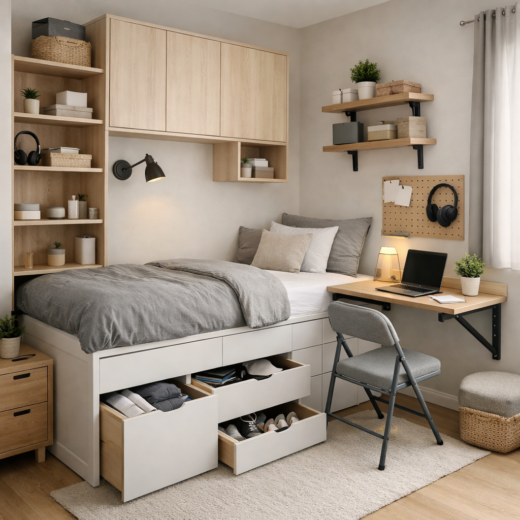 A cozy bedroom with multi-functional furniture including a bed with storage underneath, shelves, and a wall-mounted desk.