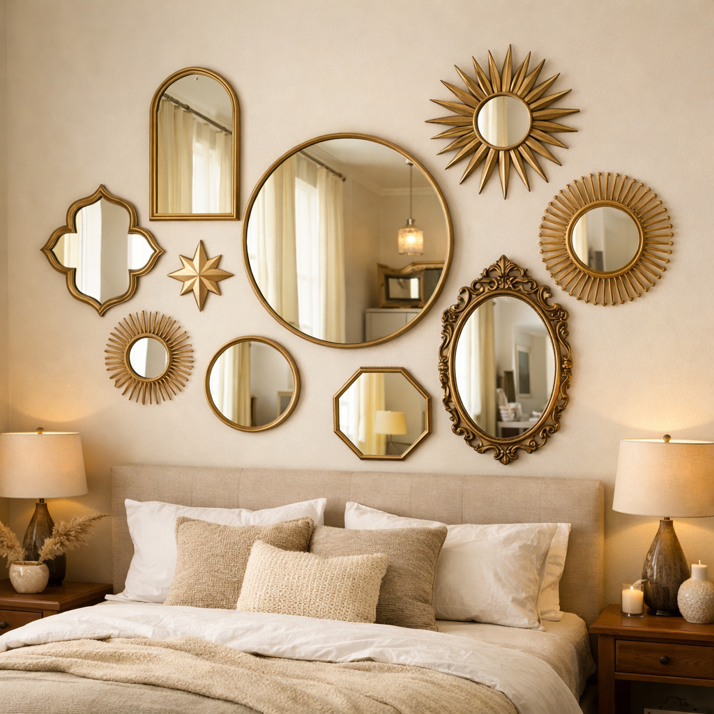 Various mirrors on a bedroom wall with gold frames, reflecting light and adding depth