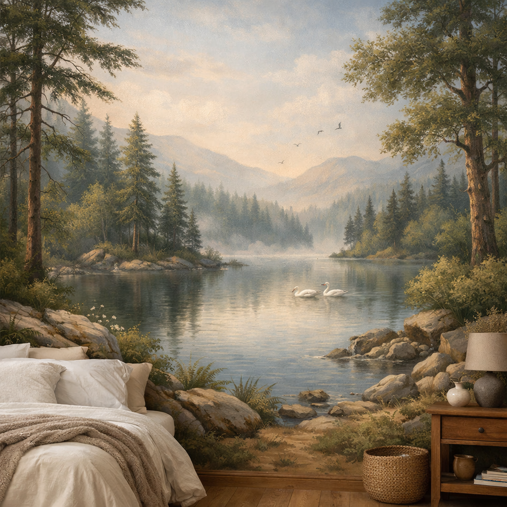 A serene nature mural depicting a lakeside view with swans and trees, enhancing a cozy bedroom atmosphere.