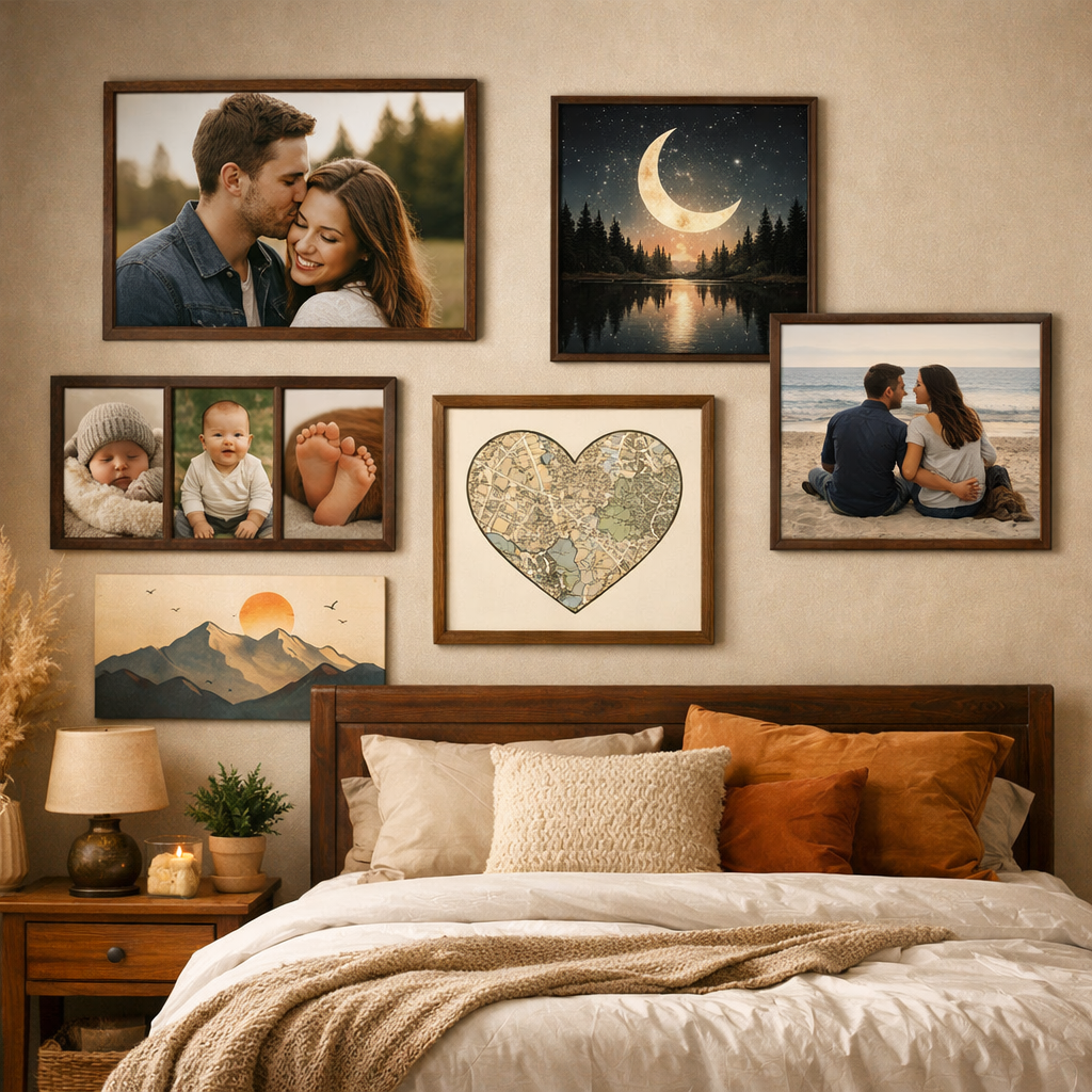A cozy bedroom with a mix of personal artwork and framed photos.