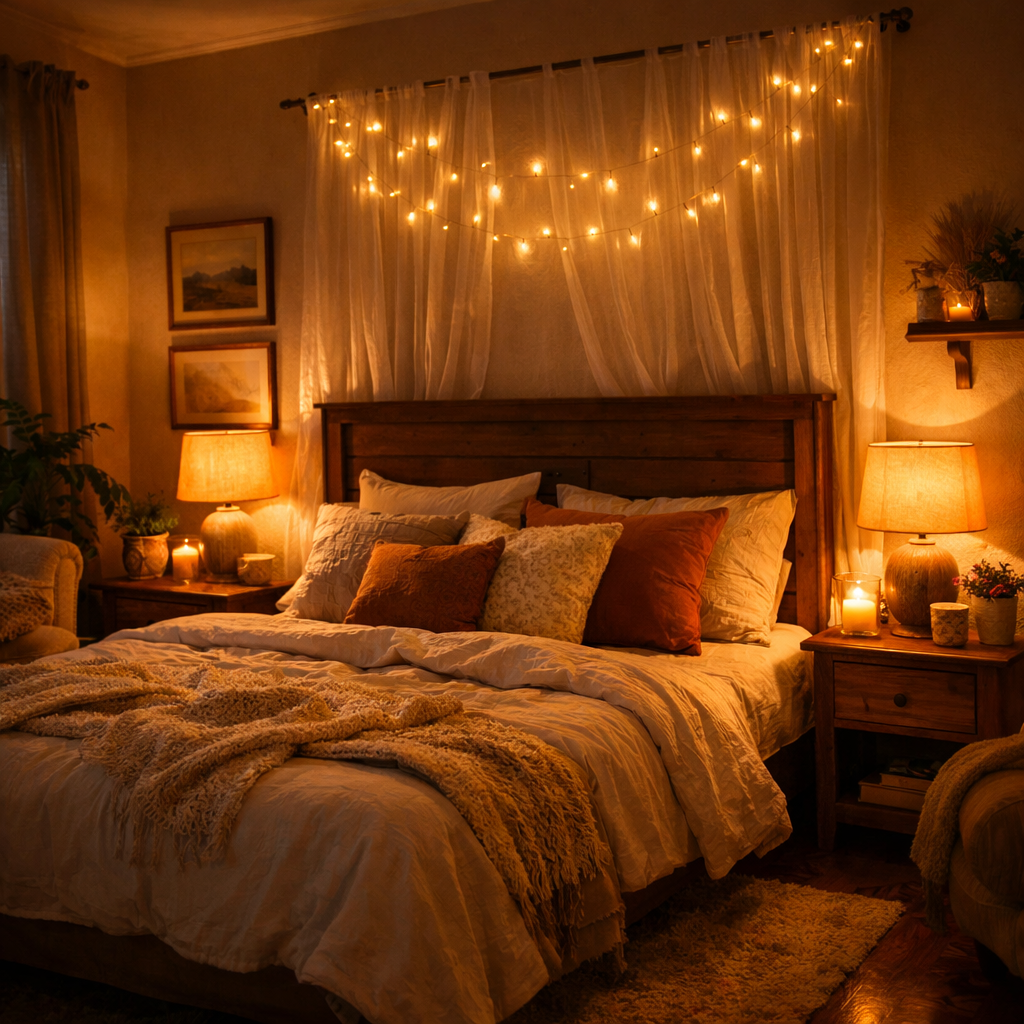 Cozy bedroom with ambient lighting, including string lights, bedside lamps, and candles.