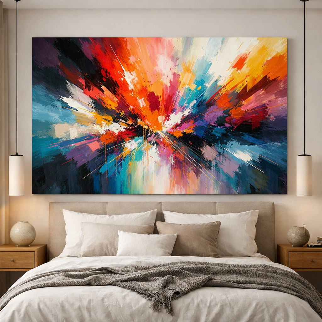 Vibrant abstract artwork in a bedroom setting