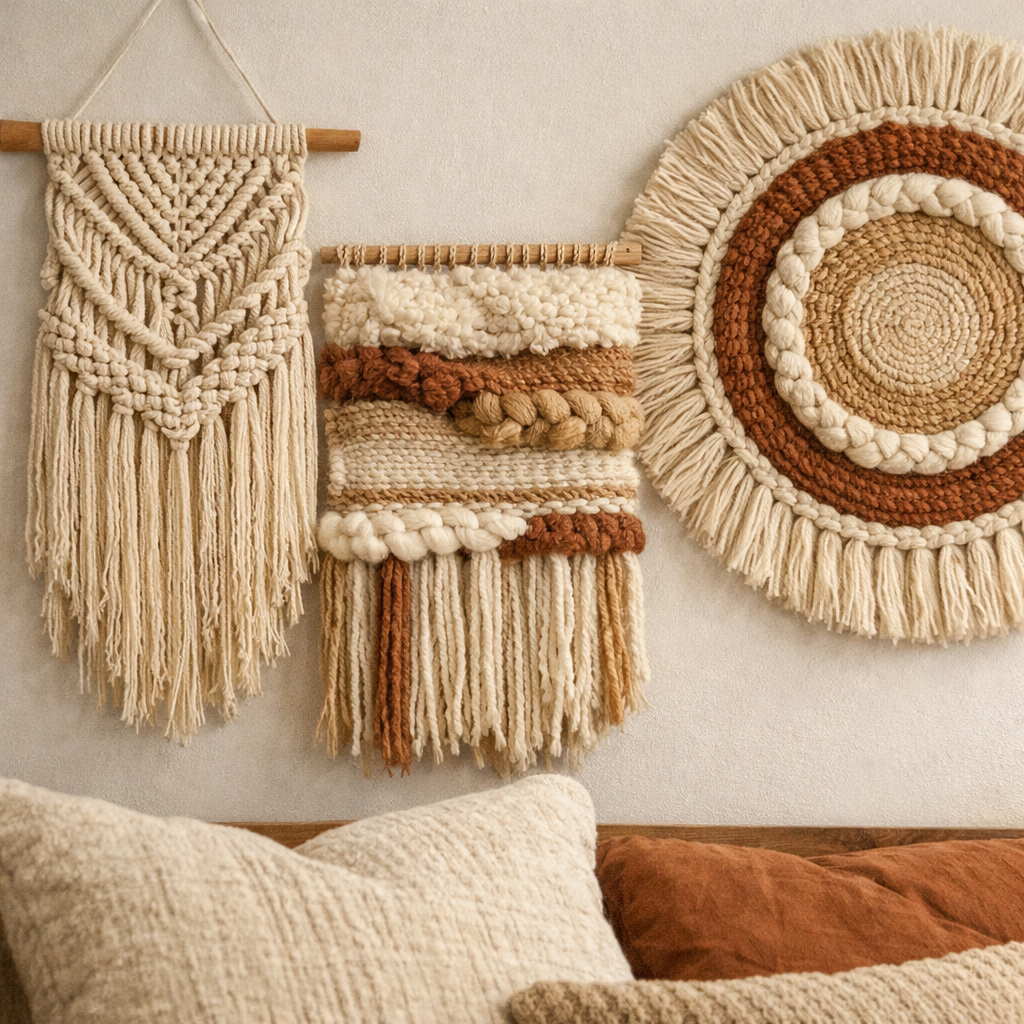 A collection of textured wall hangings in earthy tones, featuring woven designs and fringes, next to soft, neutral-colored pillows.