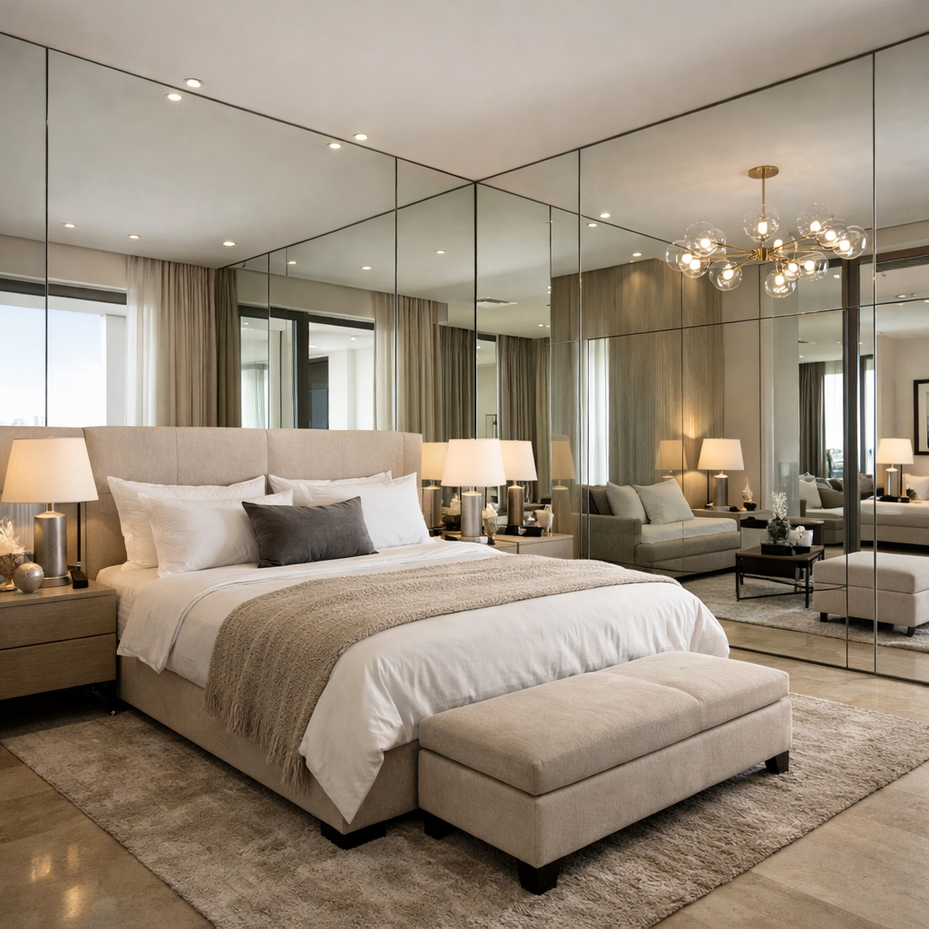 A beautifully decorated bedroom featuring a large mirrored wall, cozy bed, and stylish lighting.