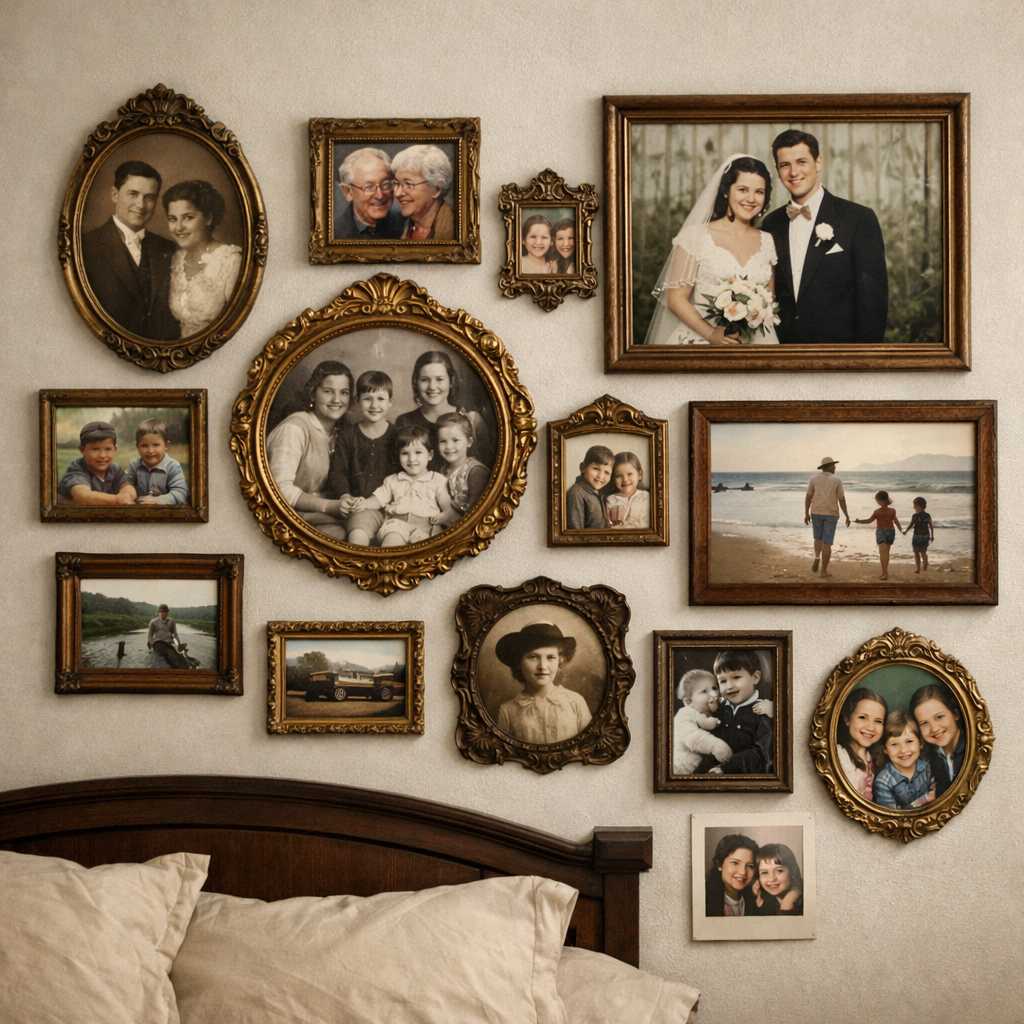 A collection of vintage picture frames on a bedroom wall, displaying family photos and memories.