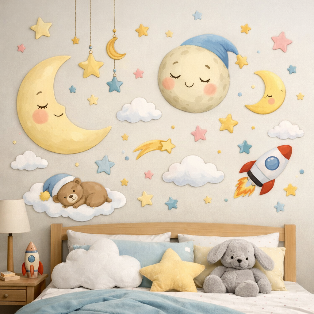 Whimsical wall decals featuring moons, stars, and a bear in a cozy bedroom setting.