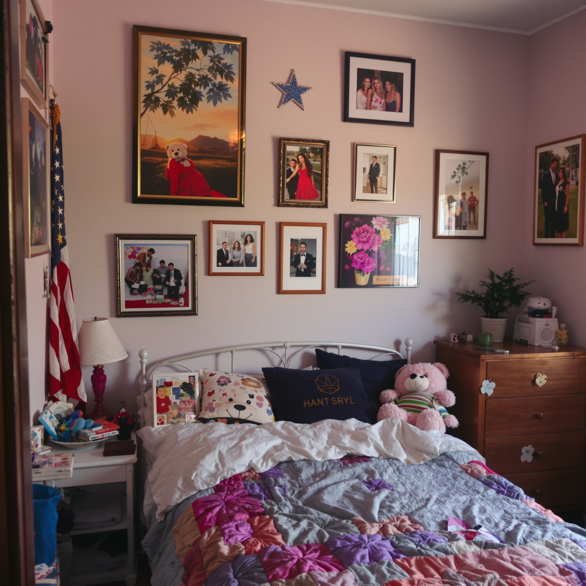 A cozy small bedroom with a decorative wall featuring framed art and photos, a comfy bed with colorful bedding, and personal items.
