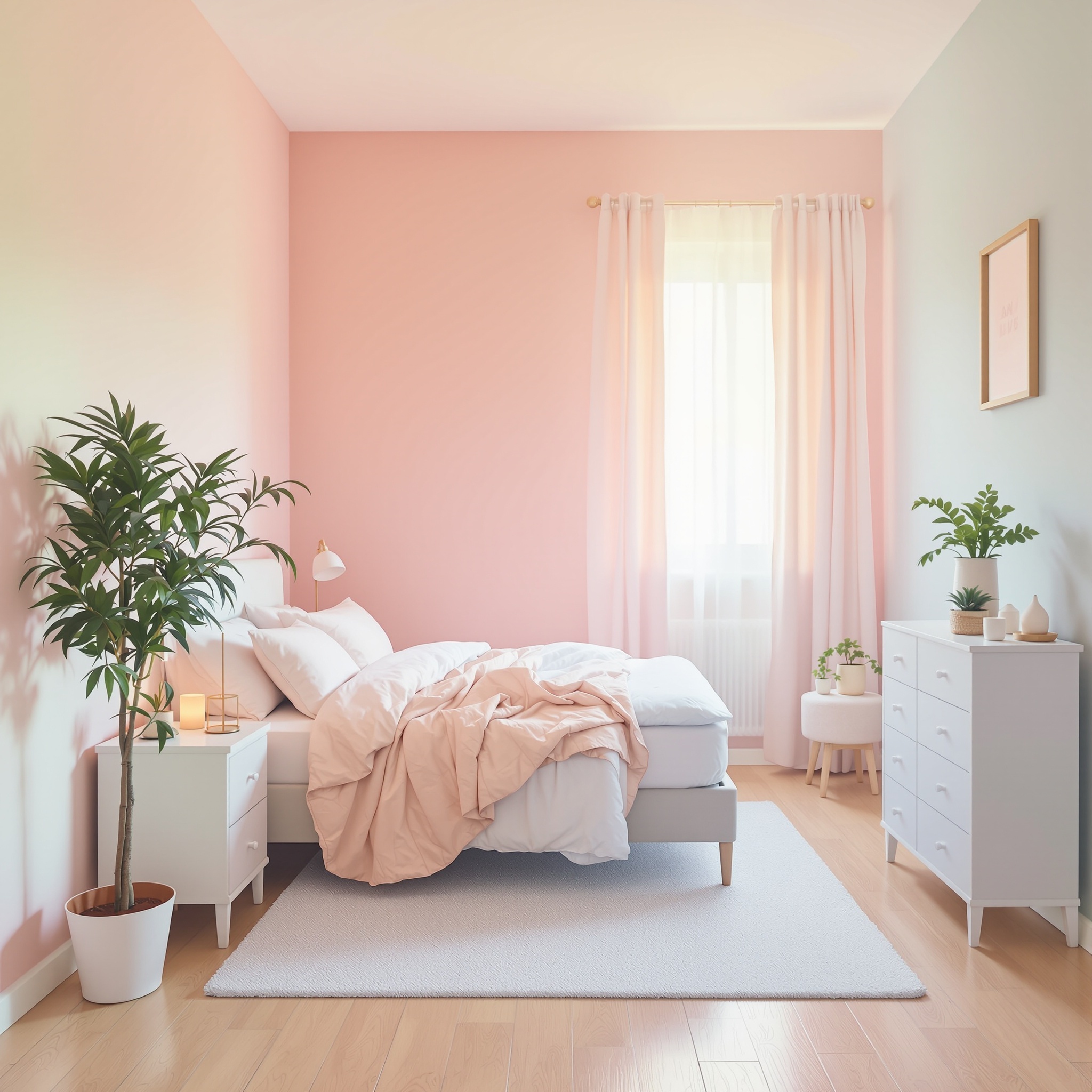 A small bedroom featuring light pink and green walls, a comfy bed with soft white linens, and decorative plants
