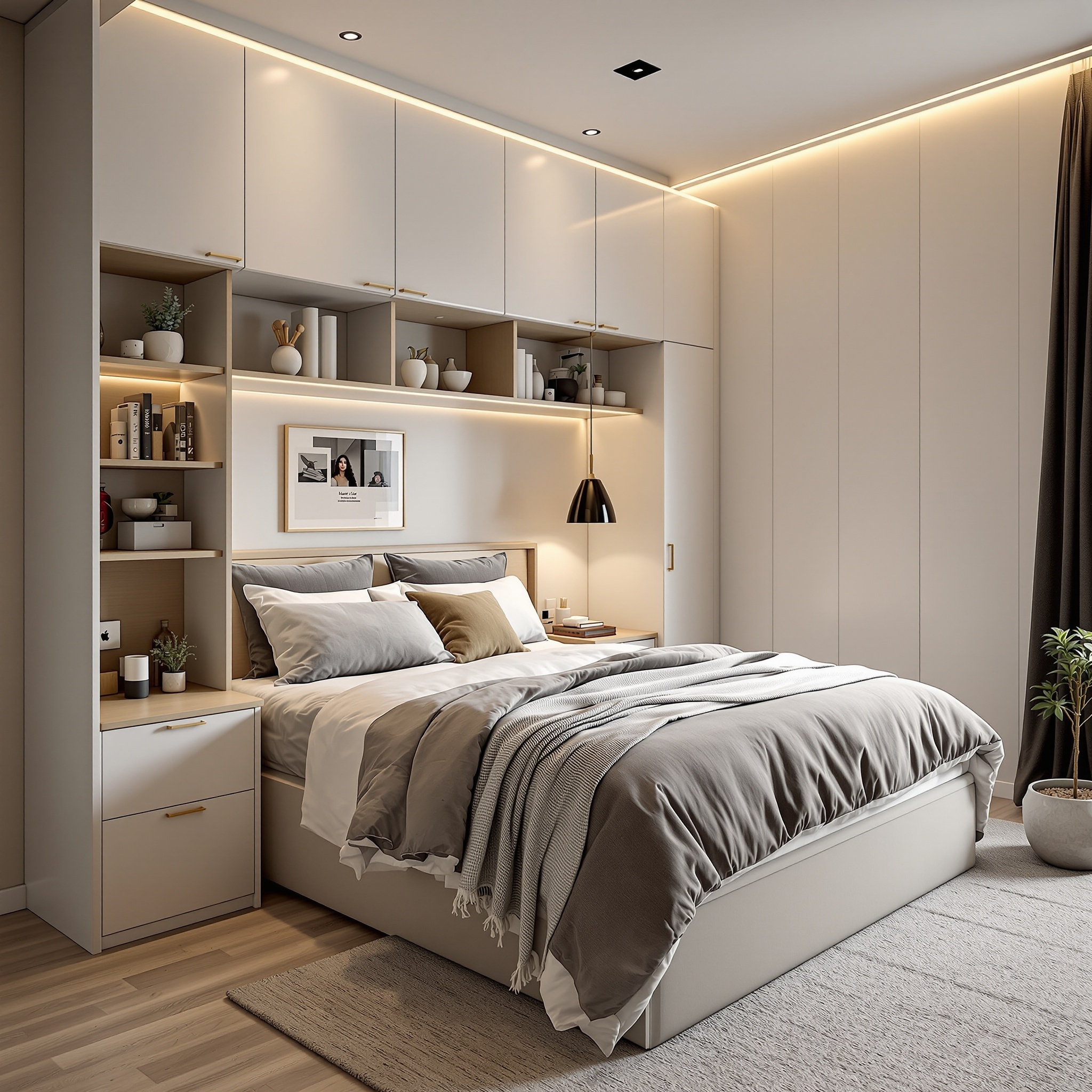 A modern small bedroom featuring a bed with built-in storage, shelves for decor and lighting, and a minimalist design.