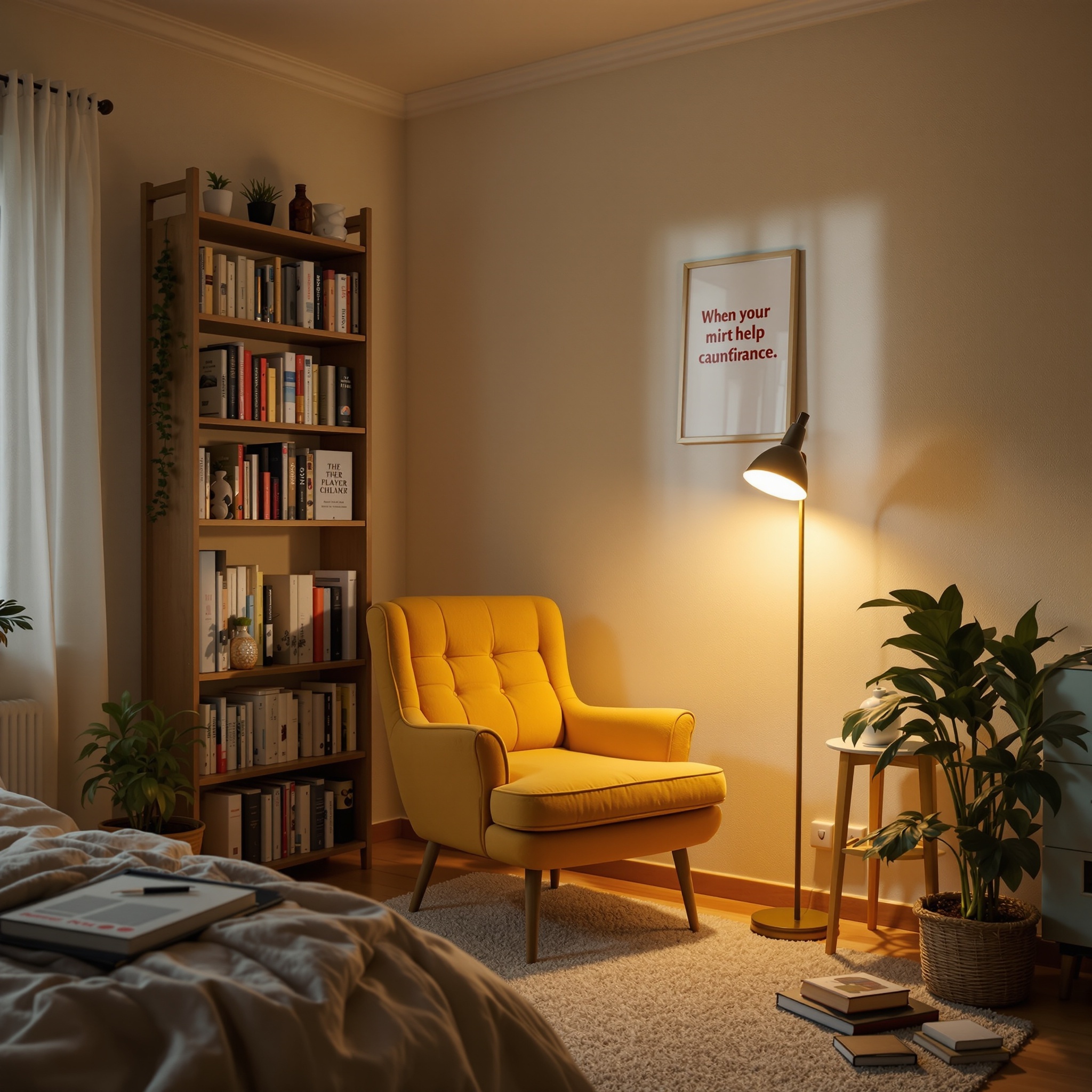 Cozy reading nook with a yellow armchair, bookshelf, and warm lighting