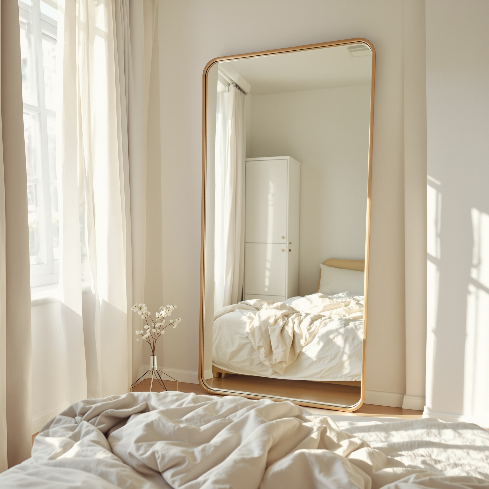 A small bedroom with a full-length mirror and soft lighting.