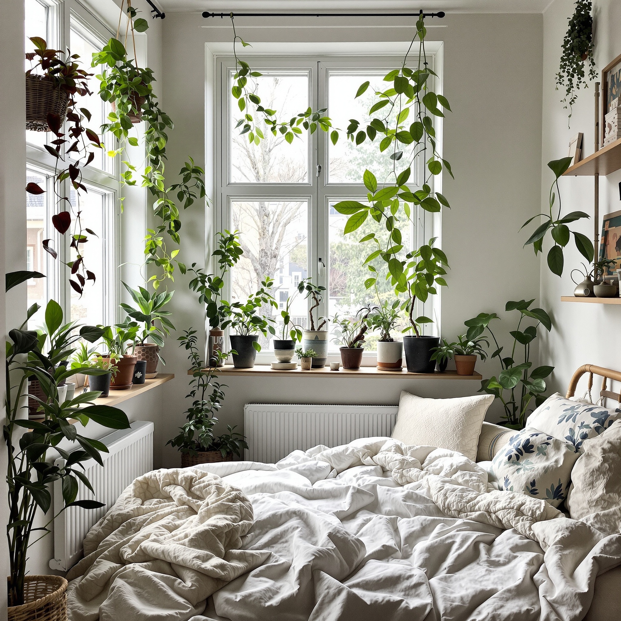 A cozy small bedroom filled with various plants by the window, creating a fresh and inviting atmosphere.