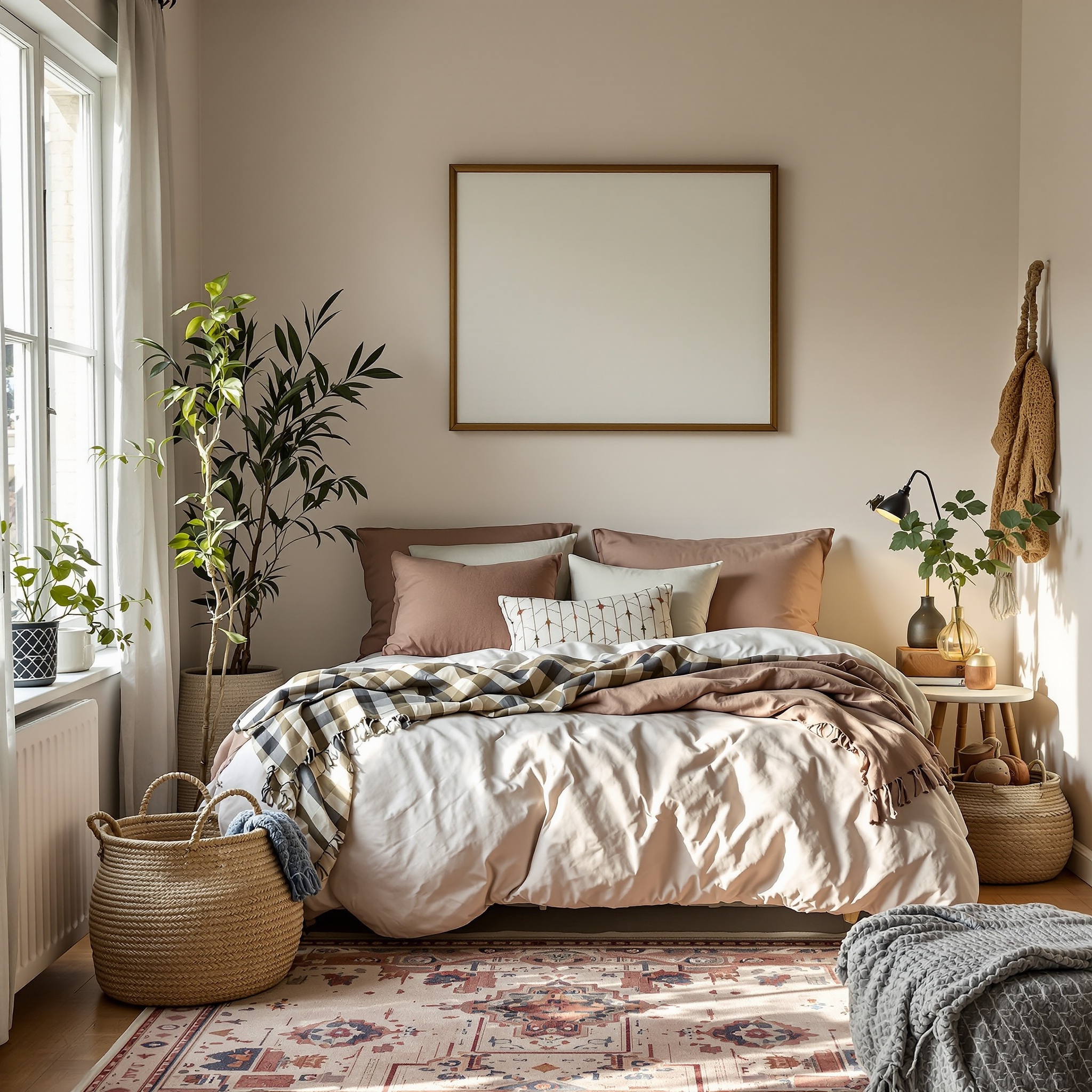 A cozy small bedroom featuring a layered bed with multiple pillows, a textured throw blanket, and decorative plants.