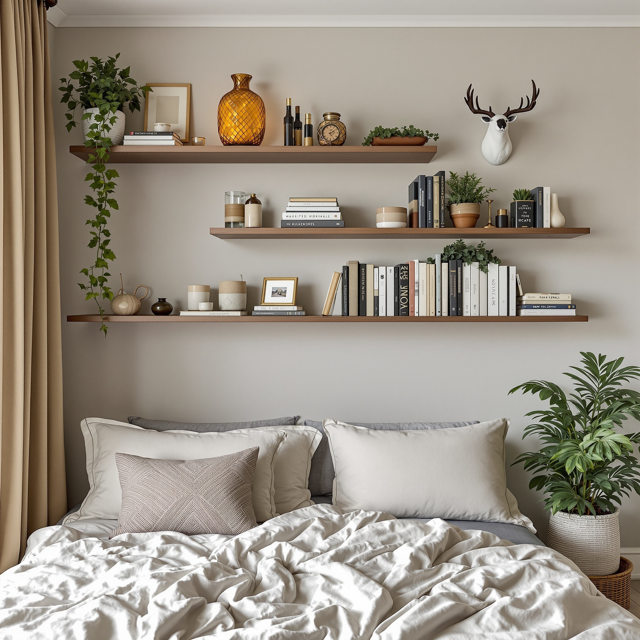 A cozy small bedroom with stylish shelving displaying books, plants, and decorative items.