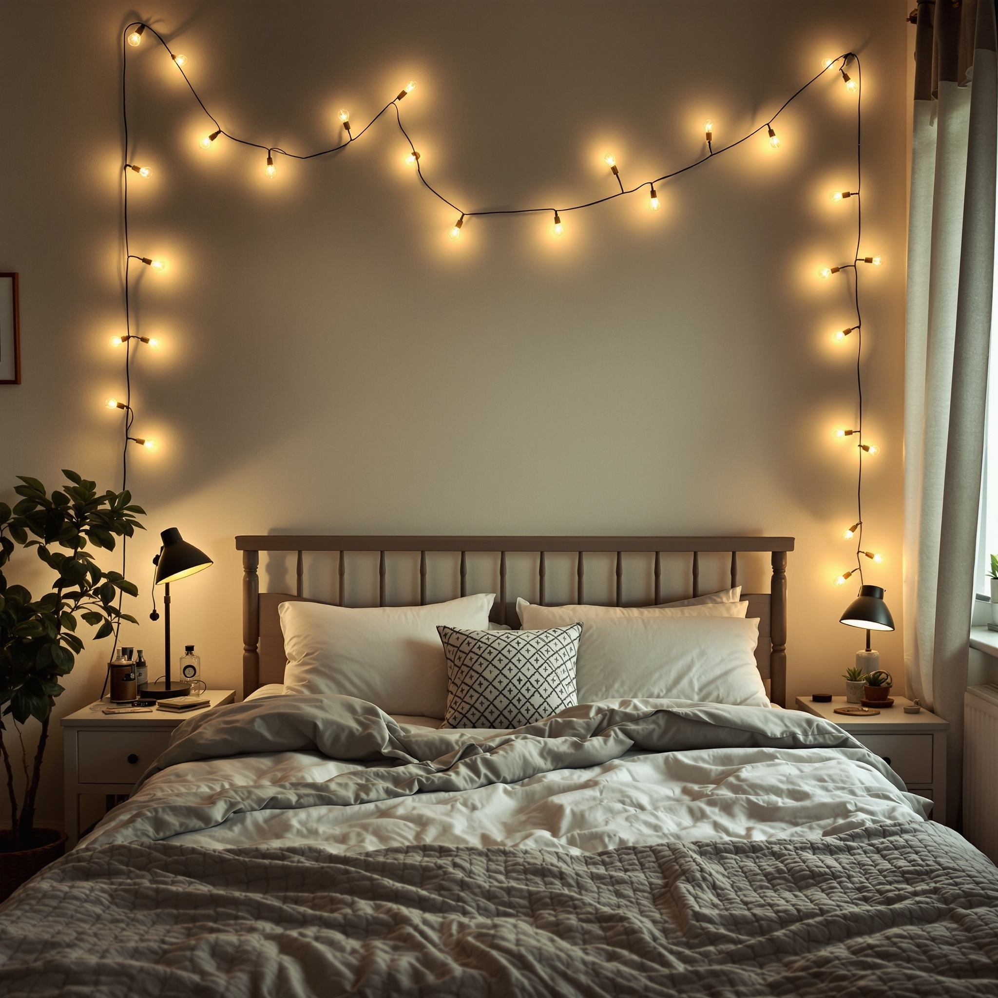 A cozy small bedroom with warm string lights above the bed and a bedside lamp.