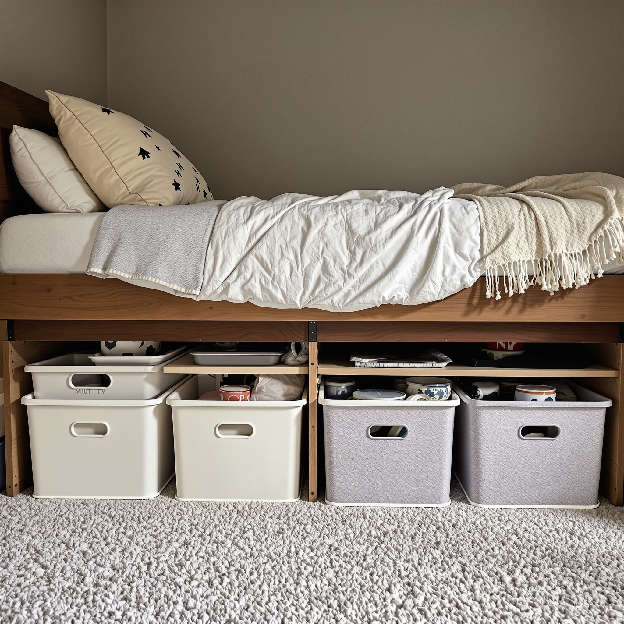 Under-bed storage solution with organized bins in a small bedroom