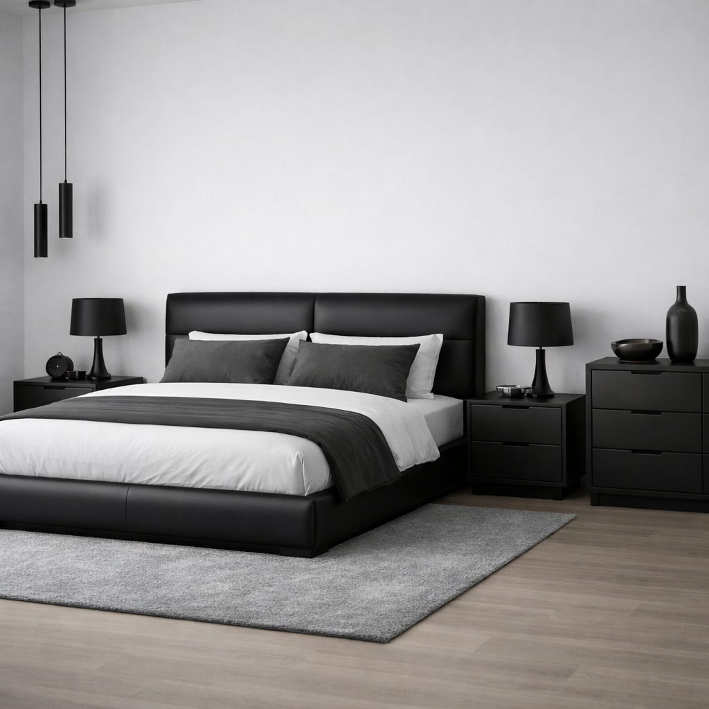 A modern black bedroom featuring a black leather bed, bedside tables, and a gray rug.