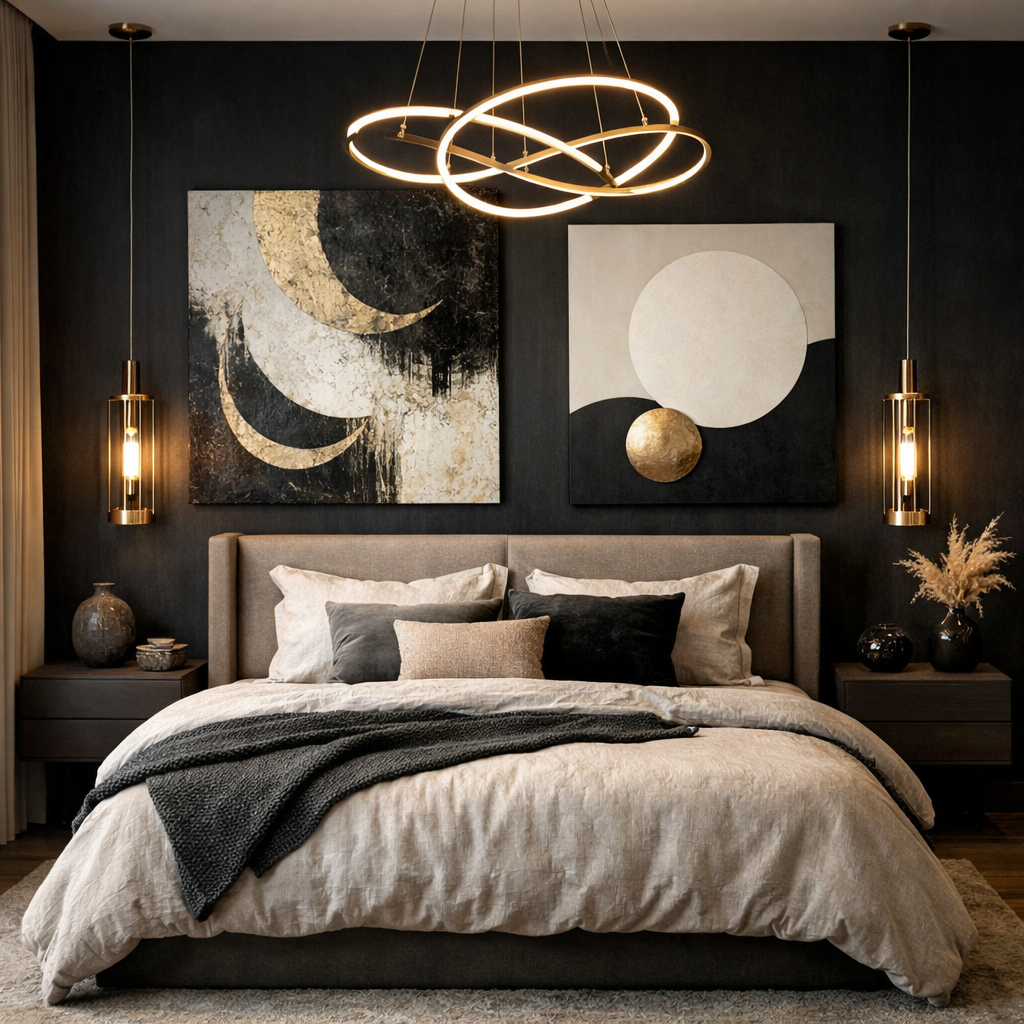 Elegant black bedroom featuring a black accent wall with artworks and modern lighting.