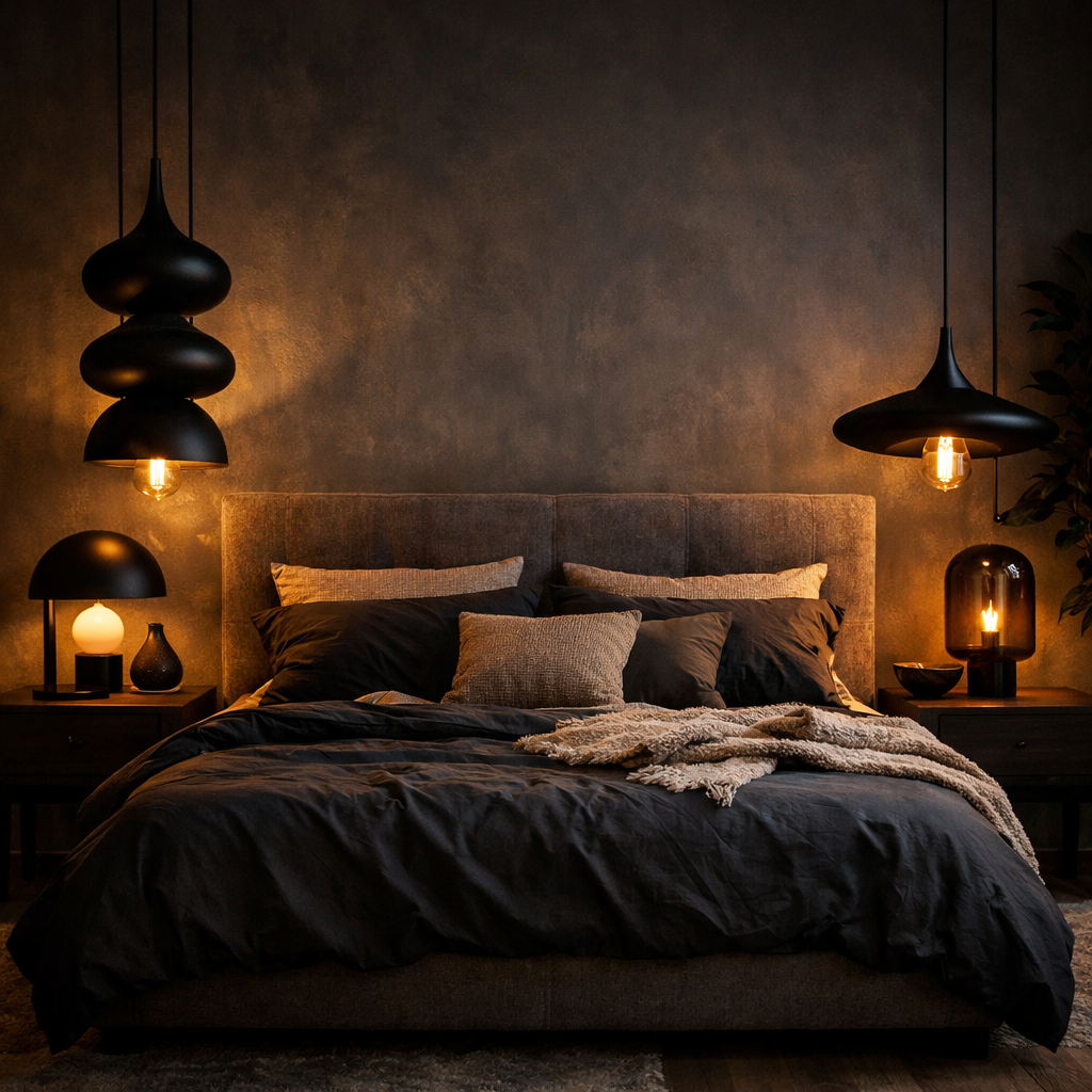 Stylish black lighting fixtures in a dark-themed bedroom with a cozy bed.