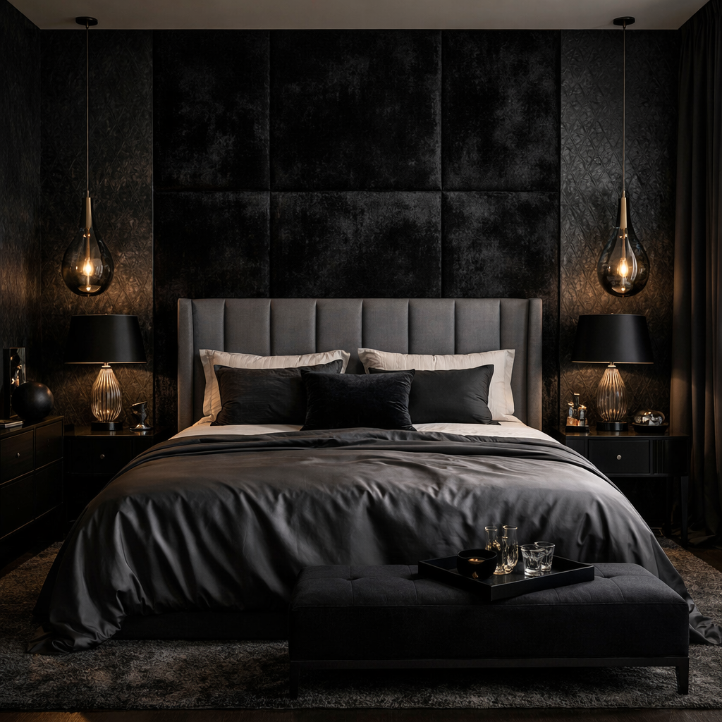 A stylish black bedroom featuring textured wall treatments, a gray bed with decorative cushions, and elegant lighting.