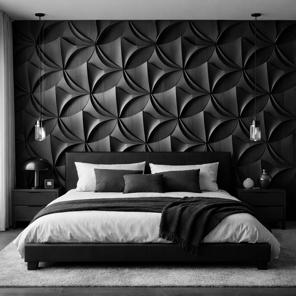 Stylish black and white bedroom featuring a textured accent wall
