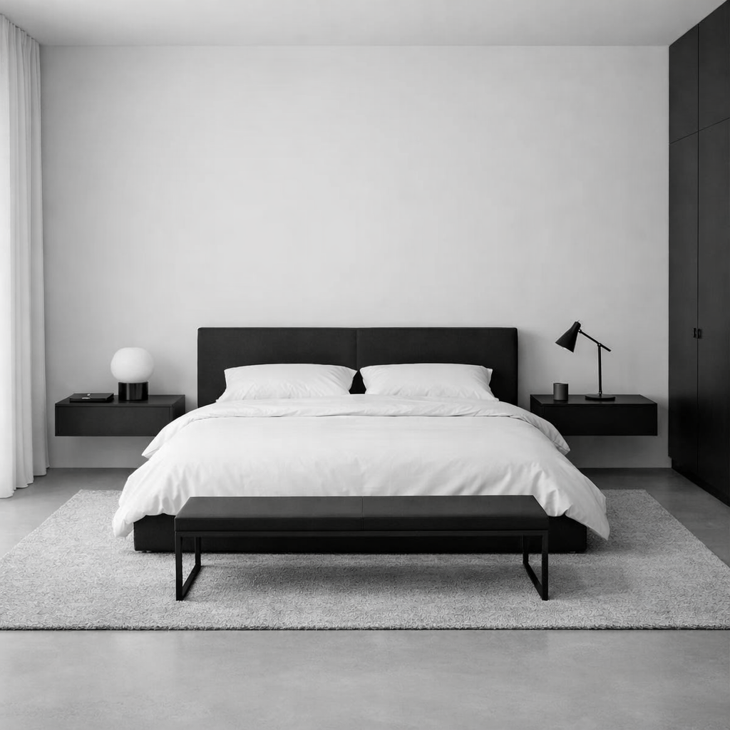 A minimalist black and white bedroom featuring a clean bed, sleek nightstands, and a bench.