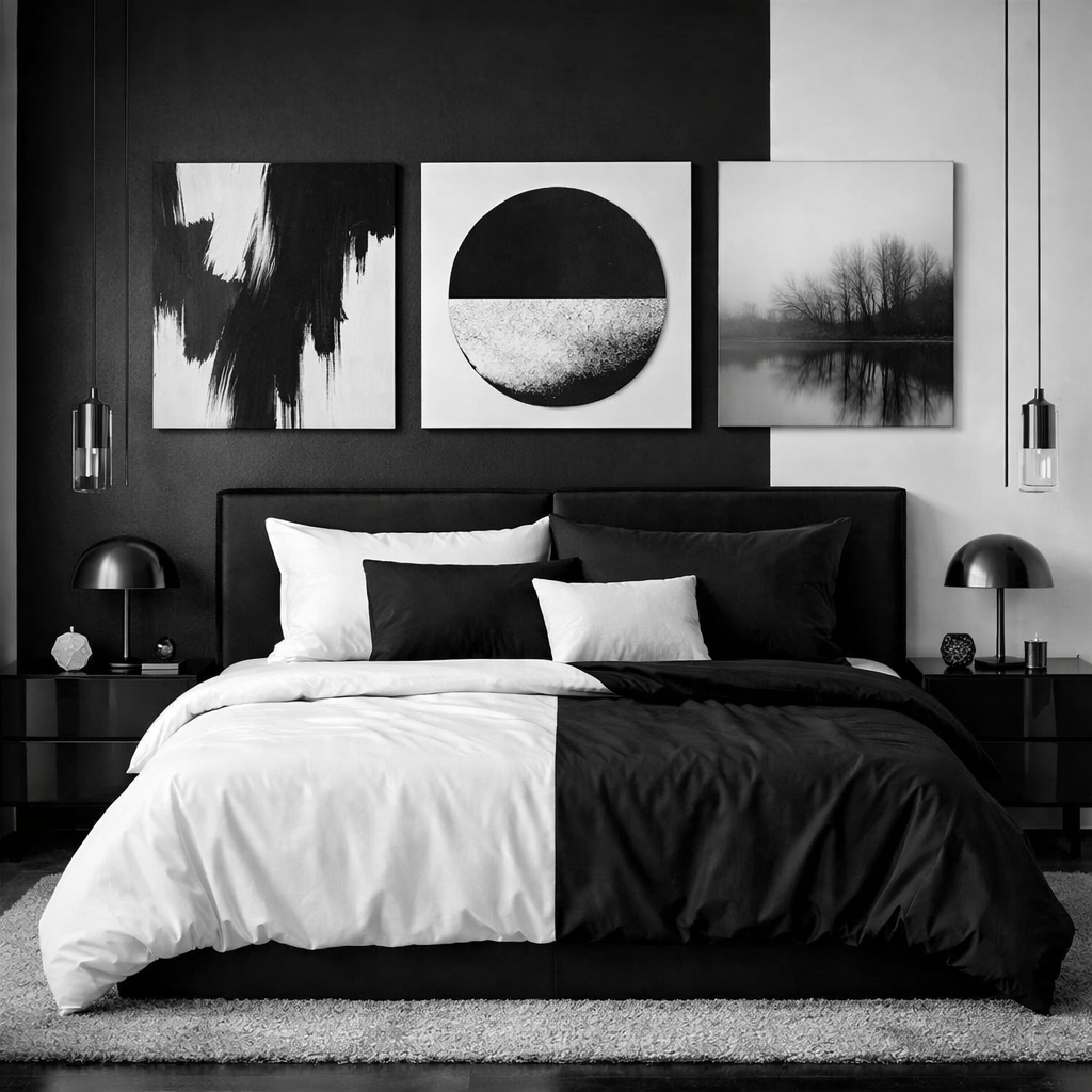 A stylish black and white bedroom featuring a monochrome color palette with art pieces and contrasting bedding.