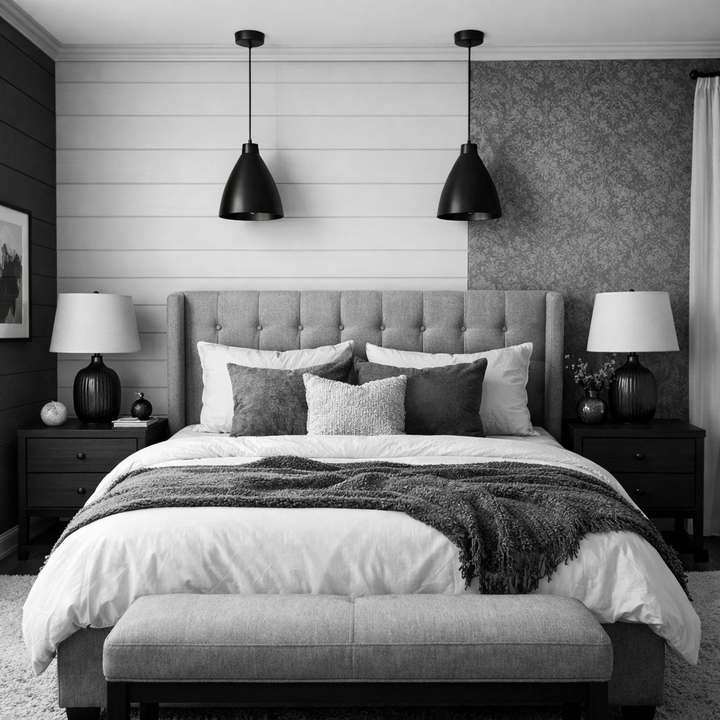 A stylish black and white bedroom featuring textured wall treatments with a mix of shiplap and patterned wallpaper.