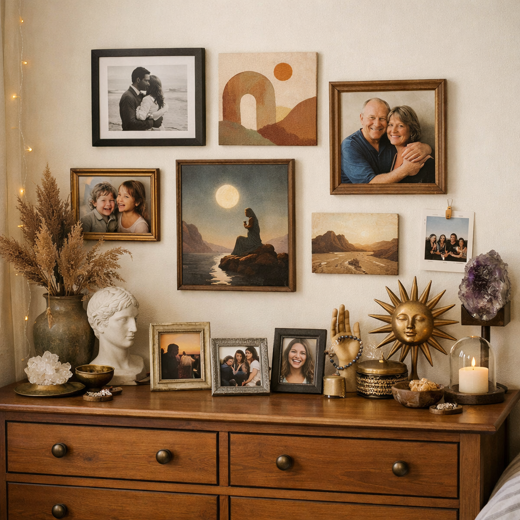 A beautifully styled dresser with framed photos and artistic displays.