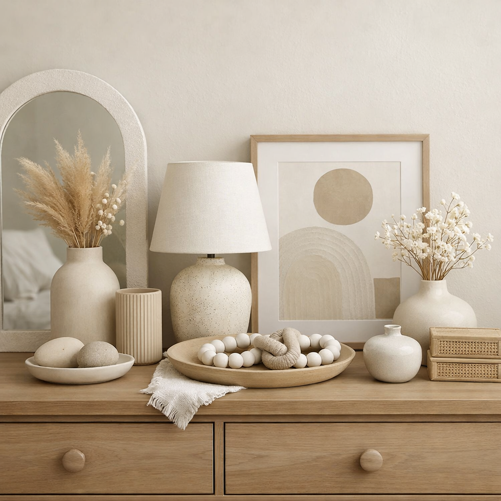 A neatly arranged dresser with neutral-colored decor items including a lamp, vases, and a mirror.