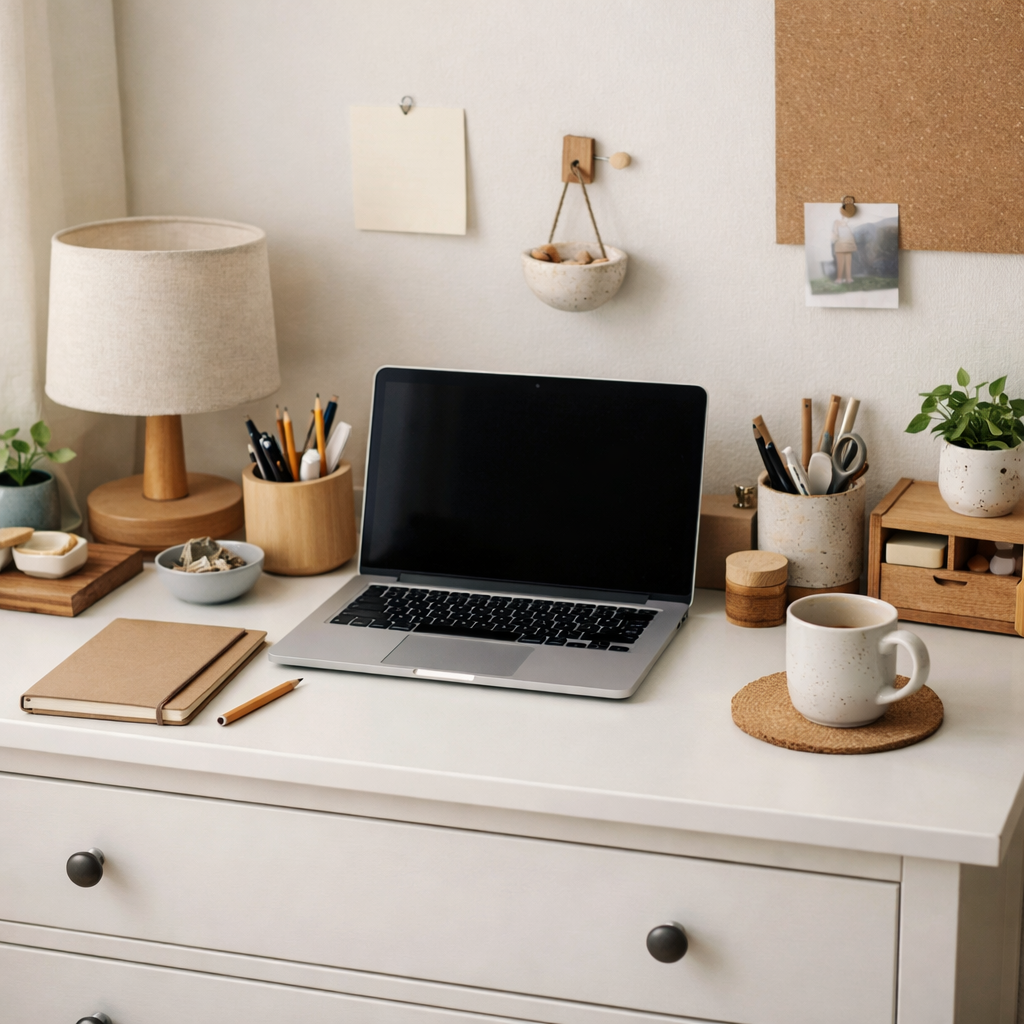 An organized dresser workspace with a laptop, notebooks, and decorative items.