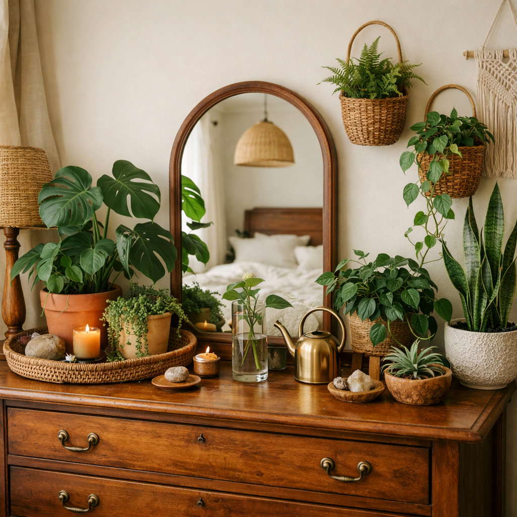 A wooden dresser decorated with various plants, candles, and an elegant mirror.
