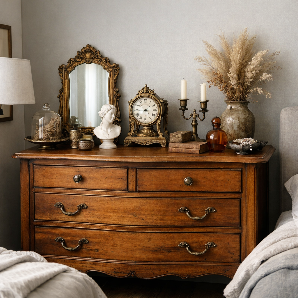 Vintage styled dresser with clock, mirror, bust, dried flowers, and other decorative items