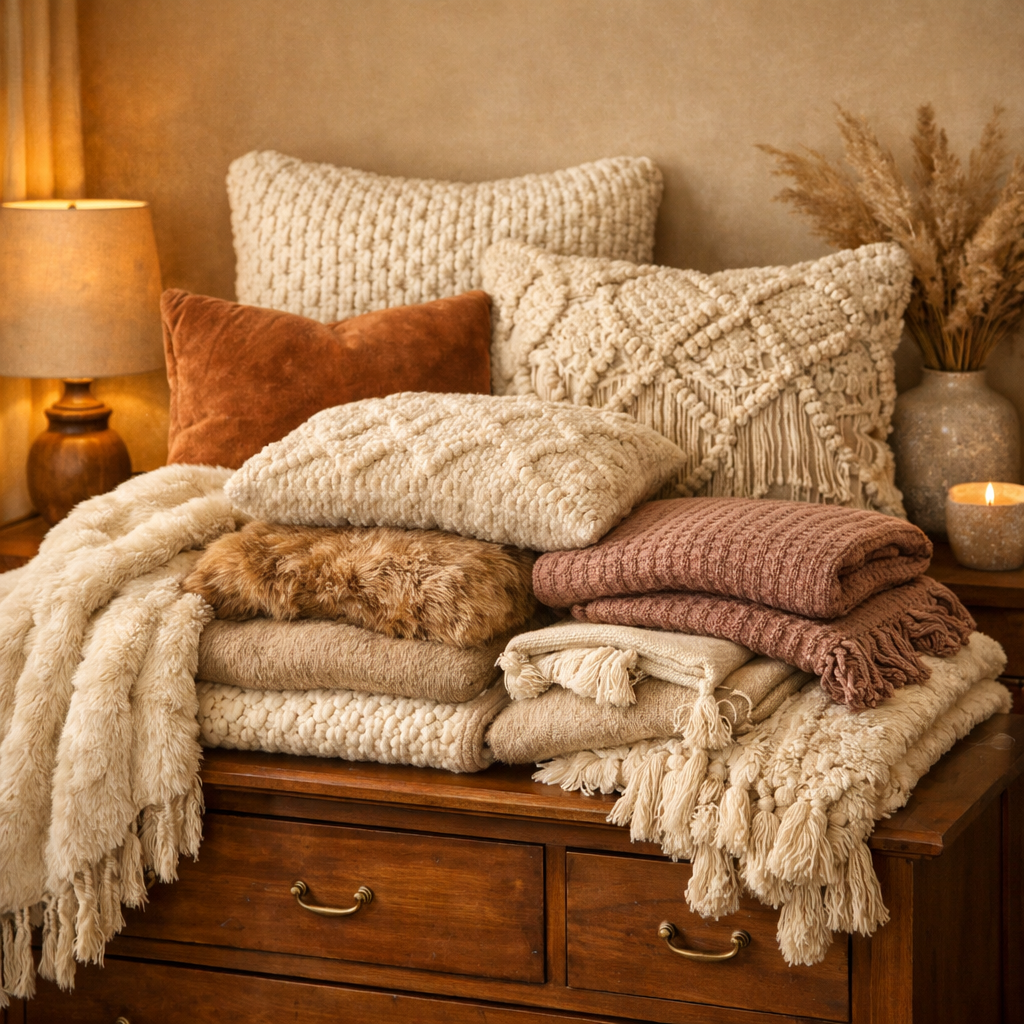 A cozy arrangement of textured throws and pillows on a wooden dresser, enhancing bedroom decor.