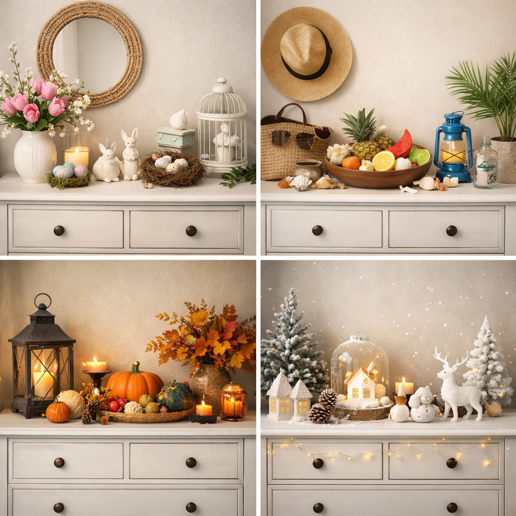 A collage of seasonal decor on a dresser, featuring spring flowers and bunnies, summer fruits and hats, autumn pumpkins and leaves, winter snowmen and trees.