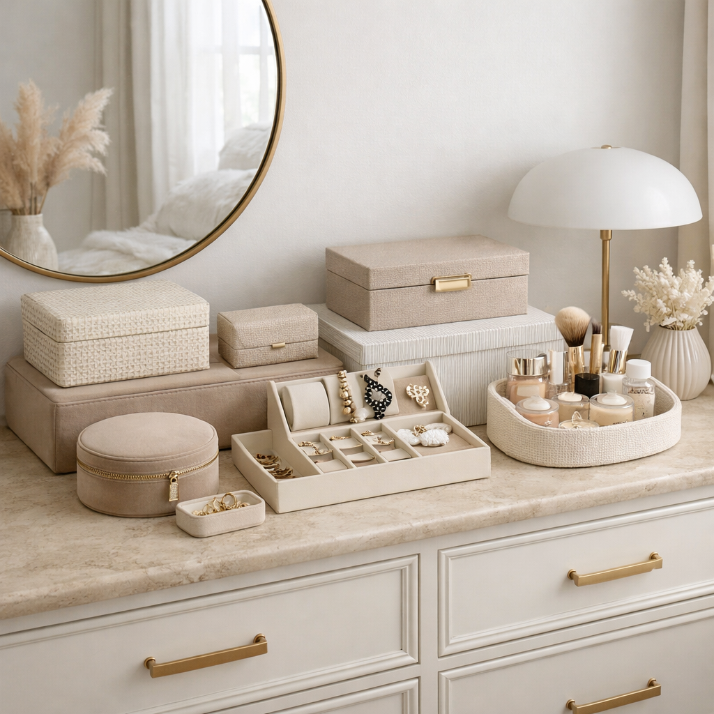 Stylishly organized dresser with various storage boxes and a lamp