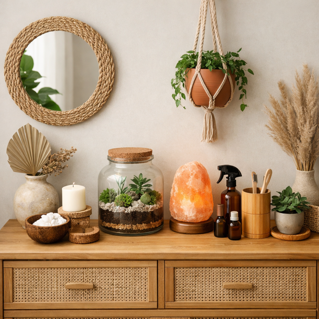 Eco-friendly bedroom dresser decor featuring plants, a salt lamp, and natural materials.