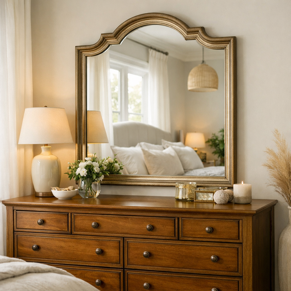 A beautifully decorated bedroom dresser with a large mirror reflecting soft light, a lamp, flowers, and cozy bedding.