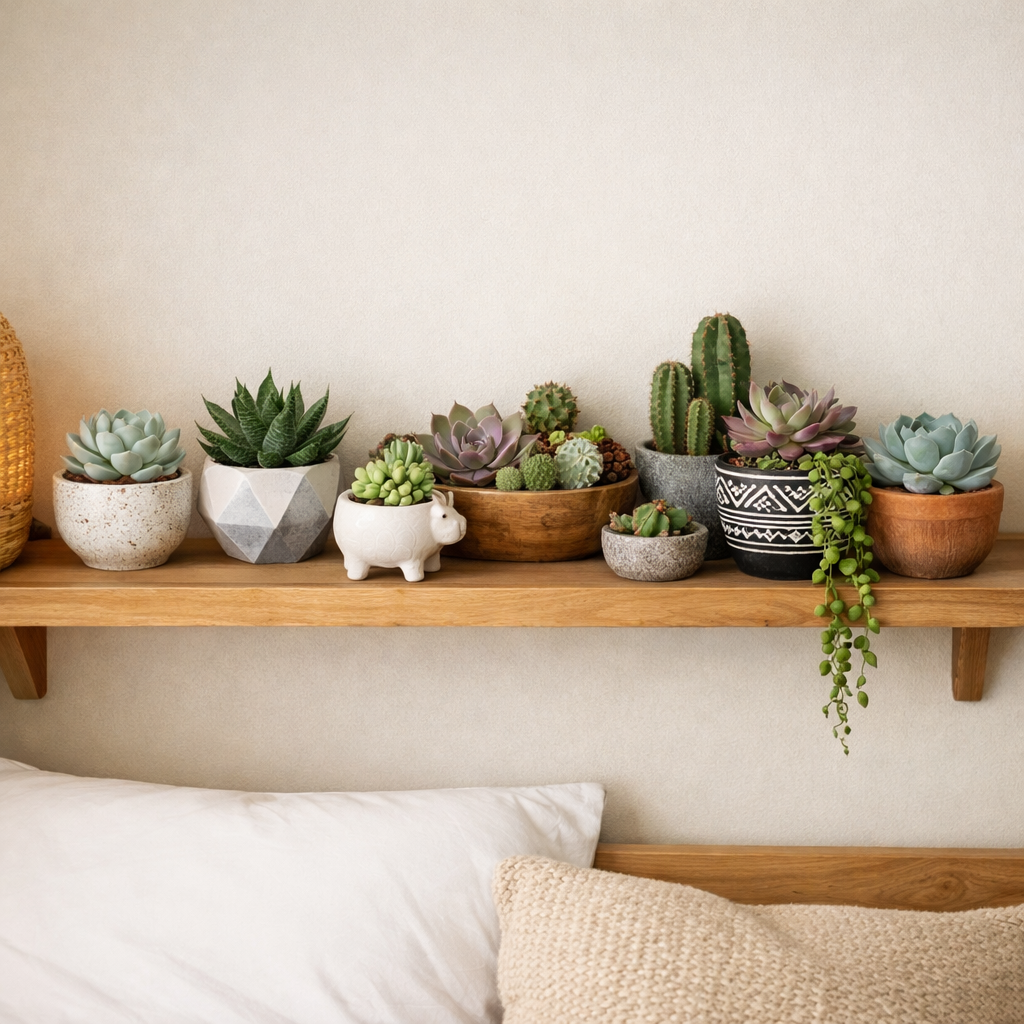 A wooden shelf in a bedroom displaying various succulent plants in different pots.