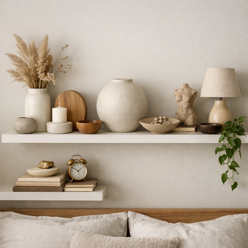 Decorative bedroom shelf featuring various items of different heights and scales.